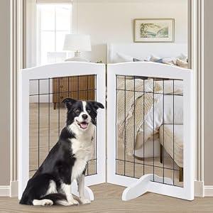 LZRS 2-Panel Freestanding Adjustable Wooden Dog Gate—30” Tall Foldable Pet Barrier with Support Feet, Solid Hardwood & Chew-Resistant Steel Wire for Doorways, Hallways, and Stairs, White