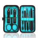 Manicure Set 9 in 1 Stainless Steel, Nail Clippers Scissors Pedicure Tools Kit - Portable Travel Grooming Kit for Men and Women with Black/Blue Leather Case (Blue)