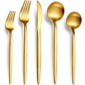 20-Piece Gold Silverware Set for 4, 18/10 Stainless Steel Flatware with Thick Spoons and Forks, Matte Golden Cutlery, Eating Kitchen Utensils for Home Restaurant Wedding, Dishwasher Safe