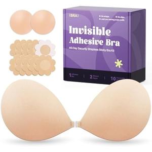 Invisible Strapless Sticky Bra Push up for Women, Ultra Adhesive Bra for Backless Dress, Cleavage Bra Lift Novelty Bras (D Cup, Beige)