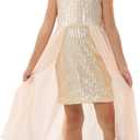 Girls Sequin One Shoulder Birthday Party Prom Dress (7-8 Years, Gold)