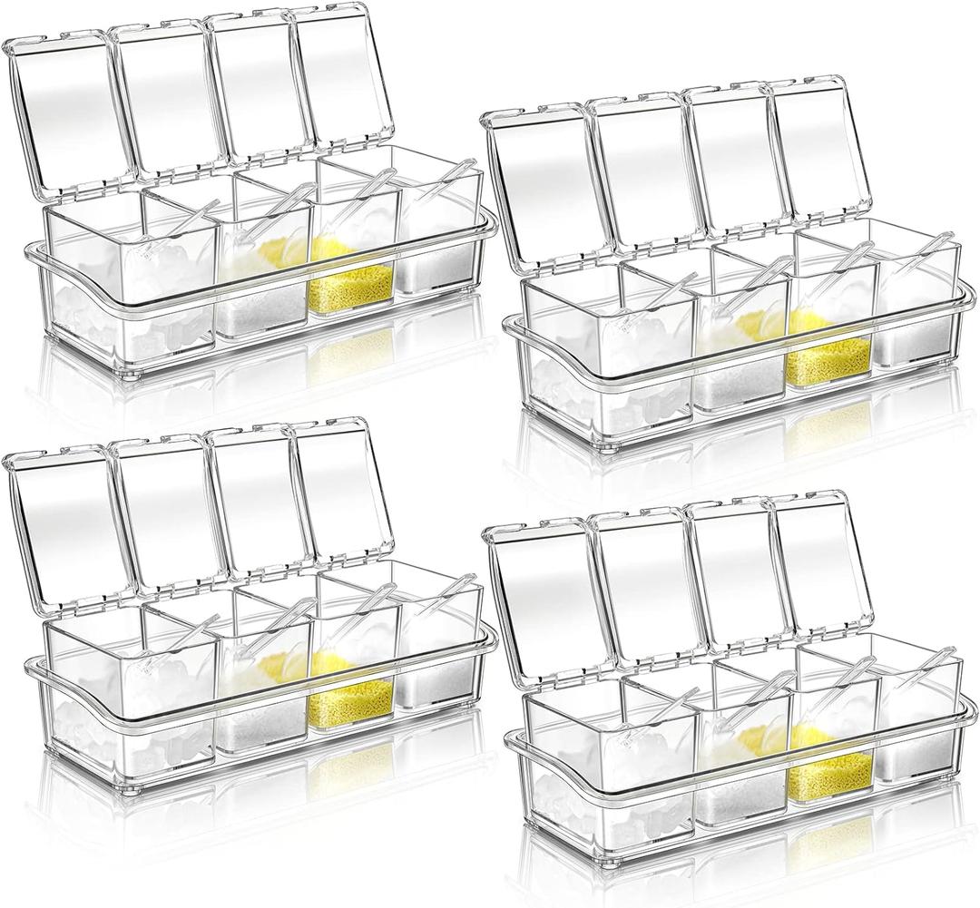 Bokon 4 Set Acrylic Clear Seasoning Box with Spoon, 16 Pcs Kitchen Seasoning Organizer Box Spice Pots Containers Condiment with Lids for Salt Candy Sugar Organizer, 10 x 4 x 3.3 Inch