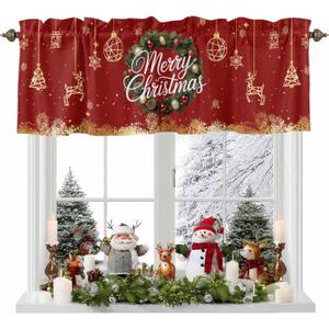 Black Christmas Valances for Windows, Xmas Wreath Farmhouse Short Window Curtain Valances, Elk Tree Golden Snowflake Rod Pocket Kitchen Valances for Living Room Bedroom Bathroom Cafe 60" x 18"