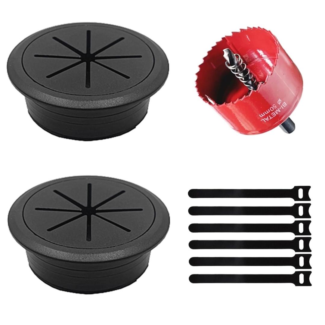 2 Pack Desk Grommet 2 Inch (50 mm), Desk Hole Cover for Cables, Black Desk Cord Hole Cover for Office Home Table, Cable Grommet with 1 Hole Saw Drill Attachment & 6 Cable Ties