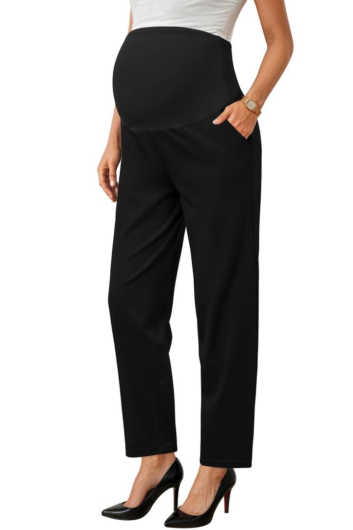 OUGES Womens Stretchy Maternity Over Belly Casual Work Straight Leg Pants Ankle Business Office Trousers with Pockets (Medium)