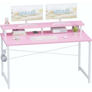 Pamray 47 Inch Small Computer Desk with Monitor Stand, Simple Office Desk with Headphone Hook for Small Spaces, Kids Study Writing Table for Bedroom, Pink