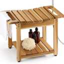 Teak Shower Bench Seat with Storage Shelf, Wood Shower Benches for Inside Shower to Sit on, Teak Shower Stool & Spa for Elderly with Shower Head Holder & Built in Handle for Bathroom/Outdoor (12.6''D x 23.3''W x 17.3''H)