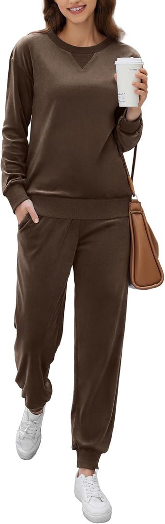 Ekouaer Womens Pajamas Sets Velvet Long Sleeve Jogger Pjs Soft Sleepwear 2 Piece Lounge Sets Casual Tracksuits (Large, Brown)
