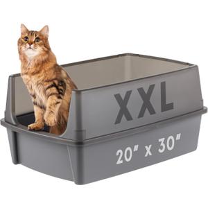 IRIS USA Cat Litter Box XX-Large Open Top with High Sided Walls Tall Scatter Shield Scoop Included Easy Clean Plastic Pan for Big Cats Kittens Multi-Cat Households 30" L x 20" W x 14" H Gray