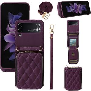 Wallet Case for Samsung Galaxy Z Flip 3 5G 2021 with Wrist Strap Crossbody Shoulder Strap Mutiple Card Slots Zipper Purse, Luxury PU Leather Stand Phone Cover for ZFlip3 Z3 Flip3 3Z Deep Purple (Wine Red)