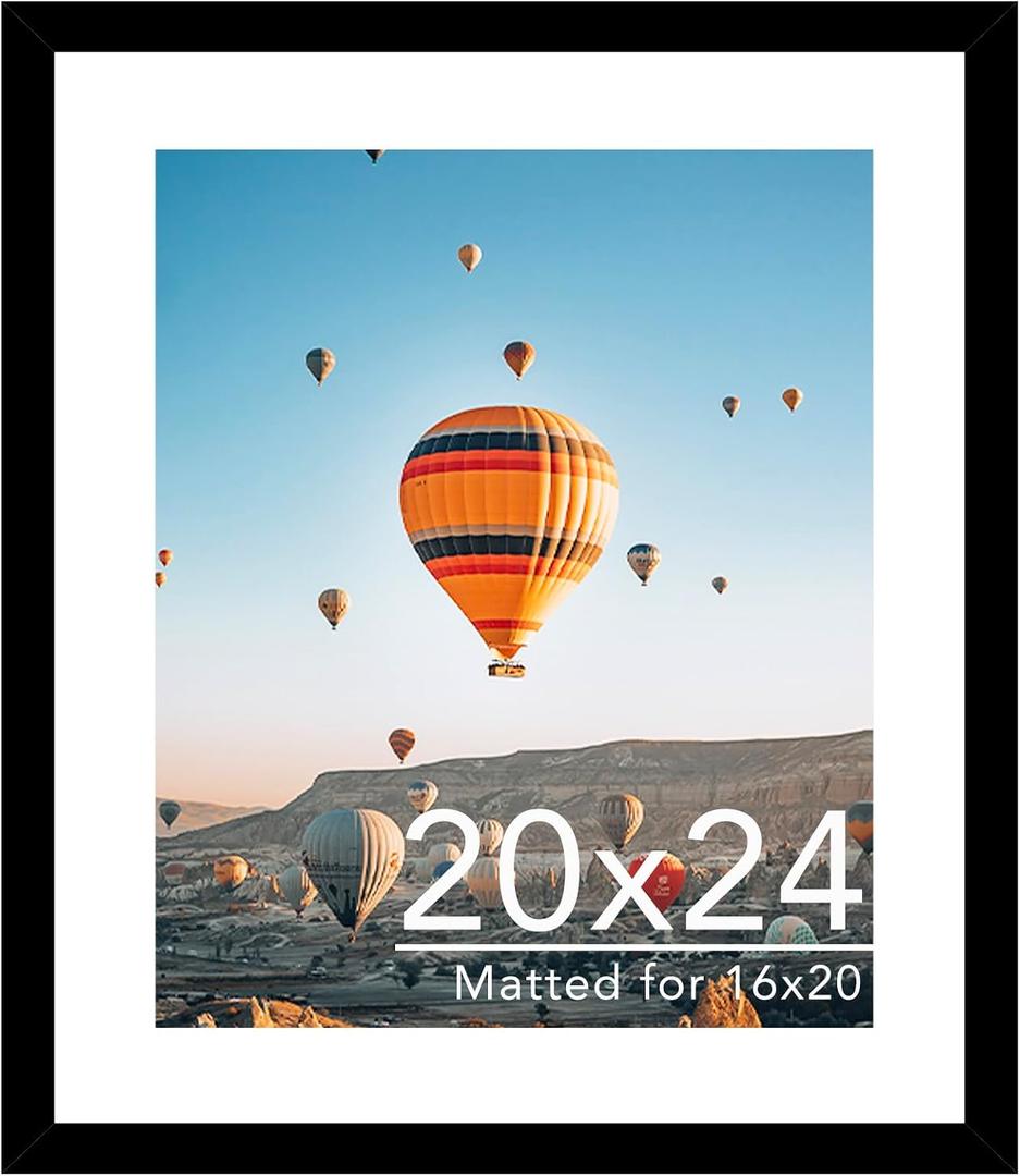 JCJMY 20x24 Picture Frame with 16x20 Mat, Display Photo 16x20 with Mat or 20 x 24 Without Mat, Wall Hanging Large 20 by 24 Poster Frame with Plexiglass, Black