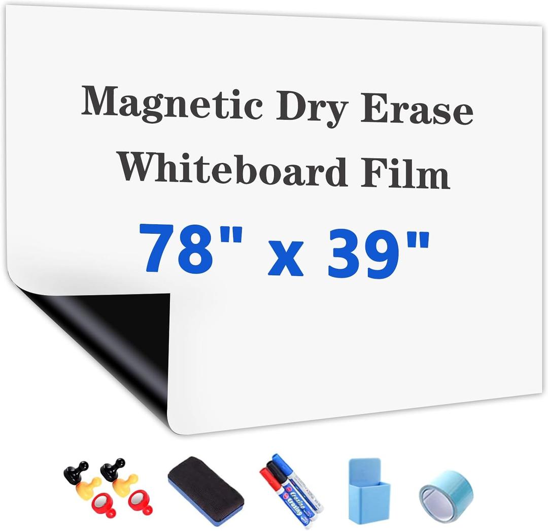 Magnetic White Board Film, 78" x 39" Dry Erase Board for Wall, Self Adhesive Whiteboard Paper Set for Office, Conference Room, Classroom, Home, Include Marker, Magnetic Eraser and Magnets