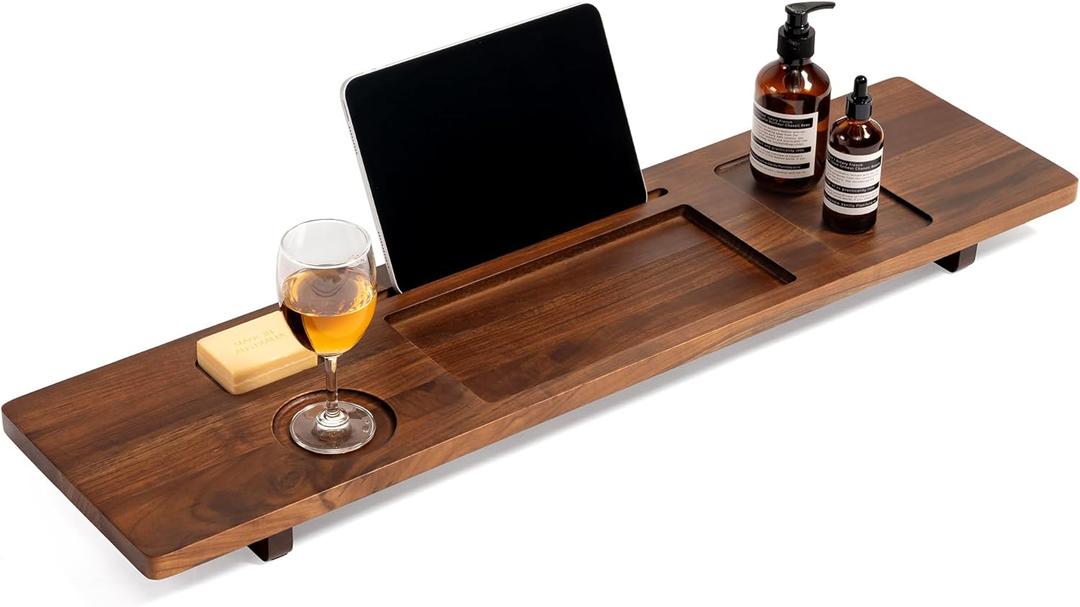 Teak Wood Bathtub Tray Caddy, 35 Inch Adjustable Bath Tub Tray for Freestanding Tubs, with Non-Slip Phone Glass Holder, Book Stand for Relaxing Bath