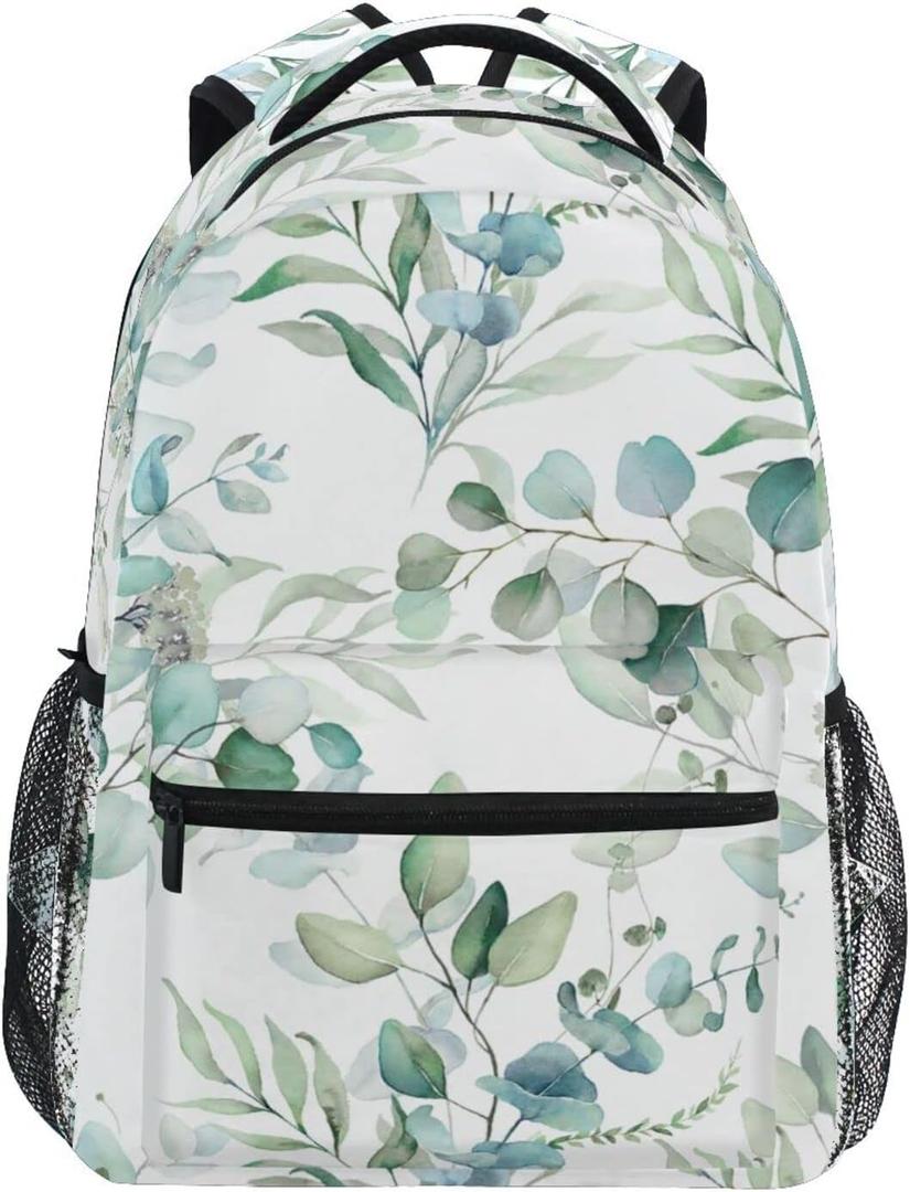 Miaoquhe Sage Green Leaves Backpacks for School Student, Watercolor Eucalyptus Leaf Laptop Backpacks for Kids Boys Girls, Floral Bookbags for Outdoors Travel Hiking Camping, 17.32x12.59x5.90 inch