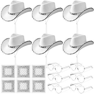 Zhanmai 6 Pieces Cowboy Hat with Heart Sunglasses and Paisley Bandanna Set for Women Teens