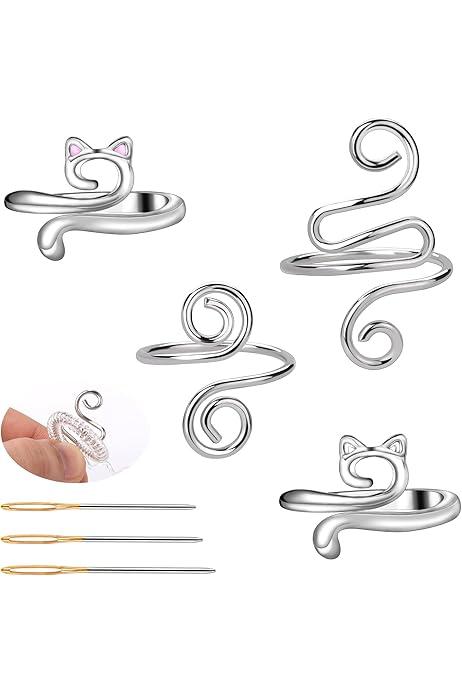 FOUSNOW 4 Pcs Adjustable Crochet Ring, Crochet Tension Rings Set, Finger Knitting Yarn Ring Loop Tools for Women Mother Grandma Gifts, with Sewing Needle, Plastic Storage Box (Style A)