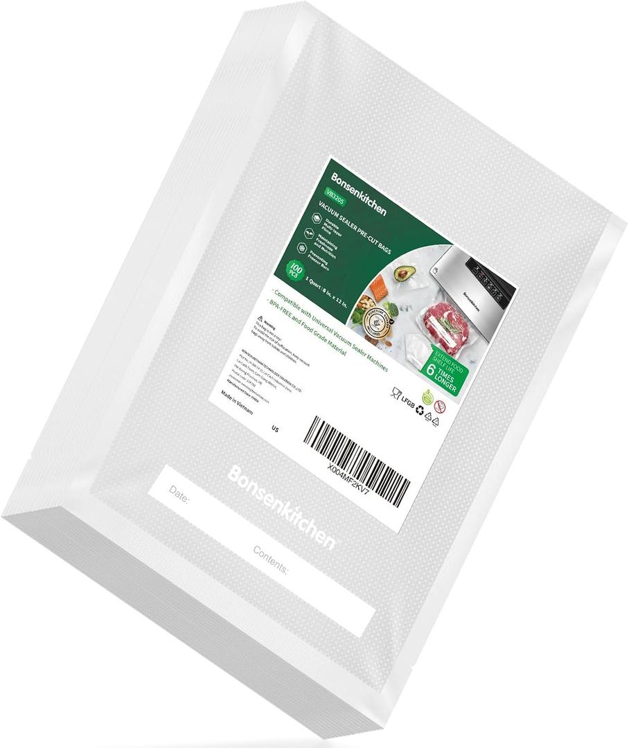 Bonsenkitchen Precut Vacuum Sealer Bags 100 Count, 8 in x 12 in Quart Size
