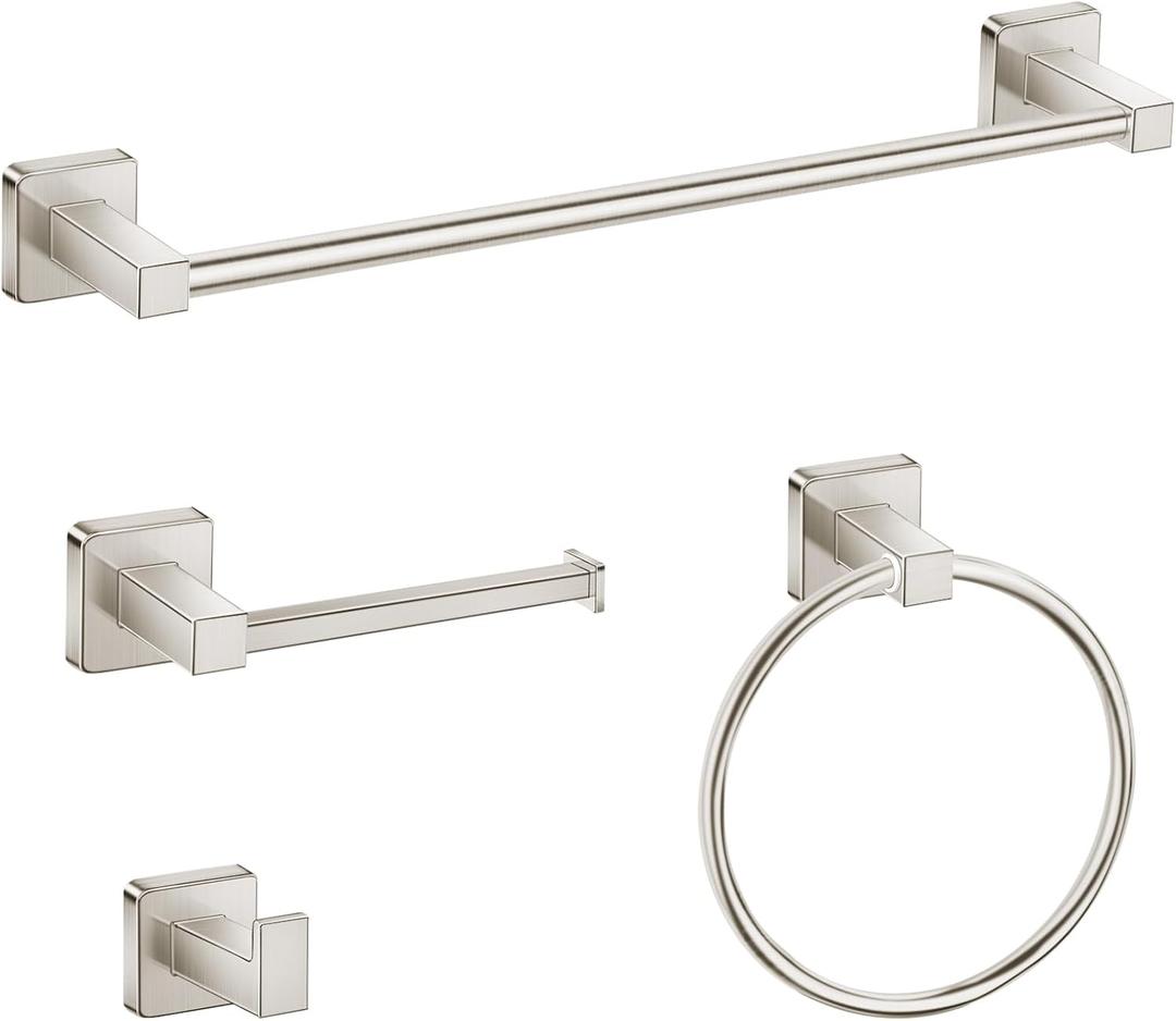 Bathroom Hardware Accessories Set 4 Pieces, Brushed Nickel Stainless Steel Towel Bar Set, Includes 20In Towel Bar, Towel Ring, Robe Towel Hooks,Toilet Paper Holder, Bathroom Towel Rack Set