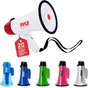 Pyle 20W Megaphone Bullhorn - 5.4'' x 8.6'' Portable Megaphone, Projection Range Up to 800 Sq. Yards, Voice Talking & Siren Alert, Shoulder Strap, Battery Operated, (White)