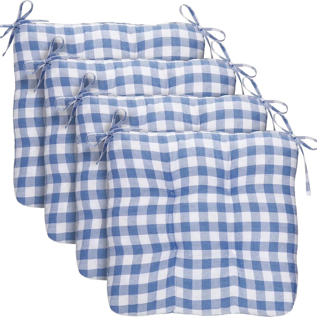Geetery 4 Pack Chair Cushions for Dining Chairs, 16" x 15" Blue and White Kitchen Chair Cushions with Ties Buffalo Plaid Soft Comfy Seat Pads for Home Office Living Room Outdoor Indoor, 16.14 X 14.96 X 3.15 Inches