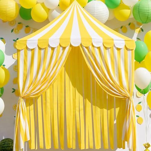 4-piece Carnival Circus Decor Backdrop Circus Tent with Canopy Polyester Carnival Striped Curtains Lemon Yellow Ice Cream Theme for Birthday Party Photography Background Decor (Yellow White)