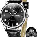 OLEVS Mens Watches with Leather Band Dress Vintage Classic Easy Reader Arabic Numerals Analog Quartz Waterproof Date and Day Blue/Black/White Large Face Men's Wrist Watches (5535P-All Black)