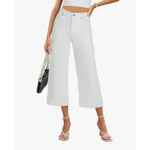 Wide Leg Jeans for Women High Waisted Stretchy Denim Crop Pants Fold Hem Cropped Baggy Jeans with Pockets L