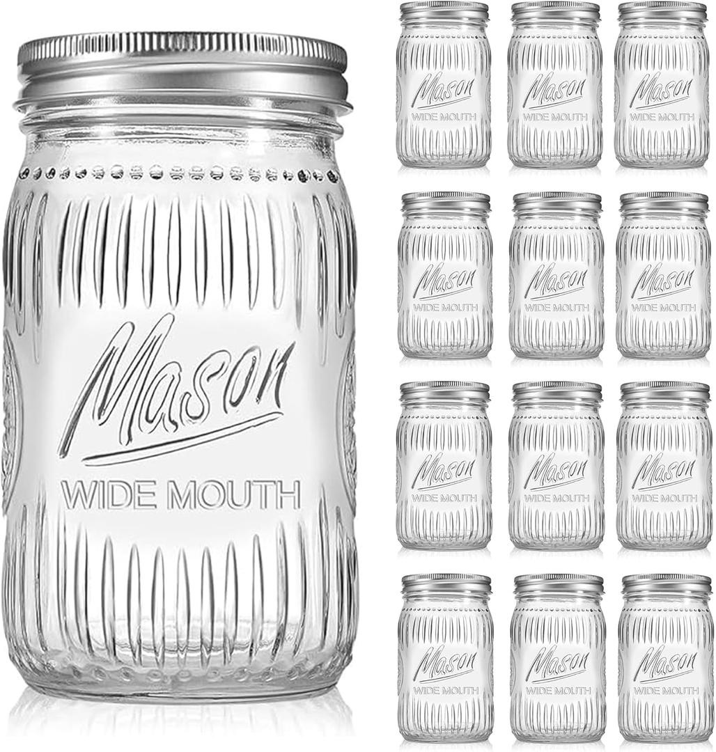 12 Pack 32 oz Wide Mouth Mason Jars - Heavy Duty Glass Storage Jars with Airtight & Leak Proof Lids for Pickling, Canning, Food Storage, Flour, Sugar, Pasta, Oats & DIY Projects (12pack 32oz)