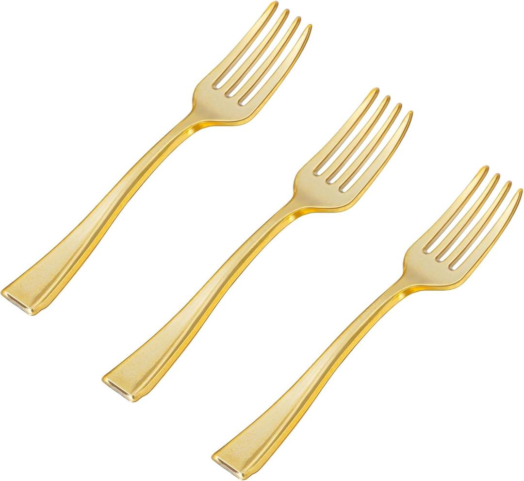N9R 300PCS Gold Plastic Mini Forks, 4 Inches – Heavy Duty Disposable Cocktail, Dessert & Appetizer Forks, Elegant Party Serving Utensils for Tastings, Finger Foods, Weddings, Events