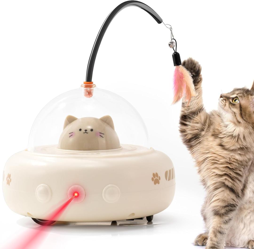 Li&Zhao Interactivity Cat Toy - Automatic Laser Feather Cat Toy, Rechargeable 2 in 1 Cat Electric Toy for Boring Indoor Adult Cats/Kittens(Beige)