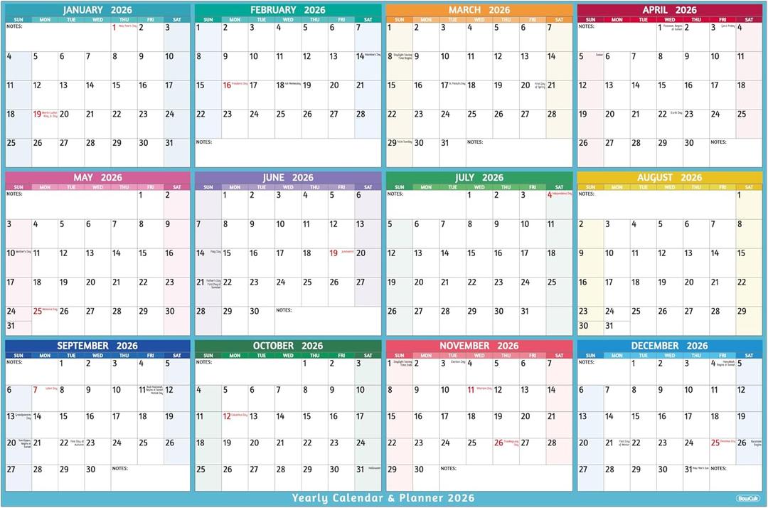 Yearly Wall Calendar 2026 - Large Yearly Calendar 2026, Jan 2026 - Dec 2026, 25.2" x 38.2" (Open), 2026 Calendar, Large Wall Calendar 2026, Full Year Paper with Notes, Thicker Paper - Multi