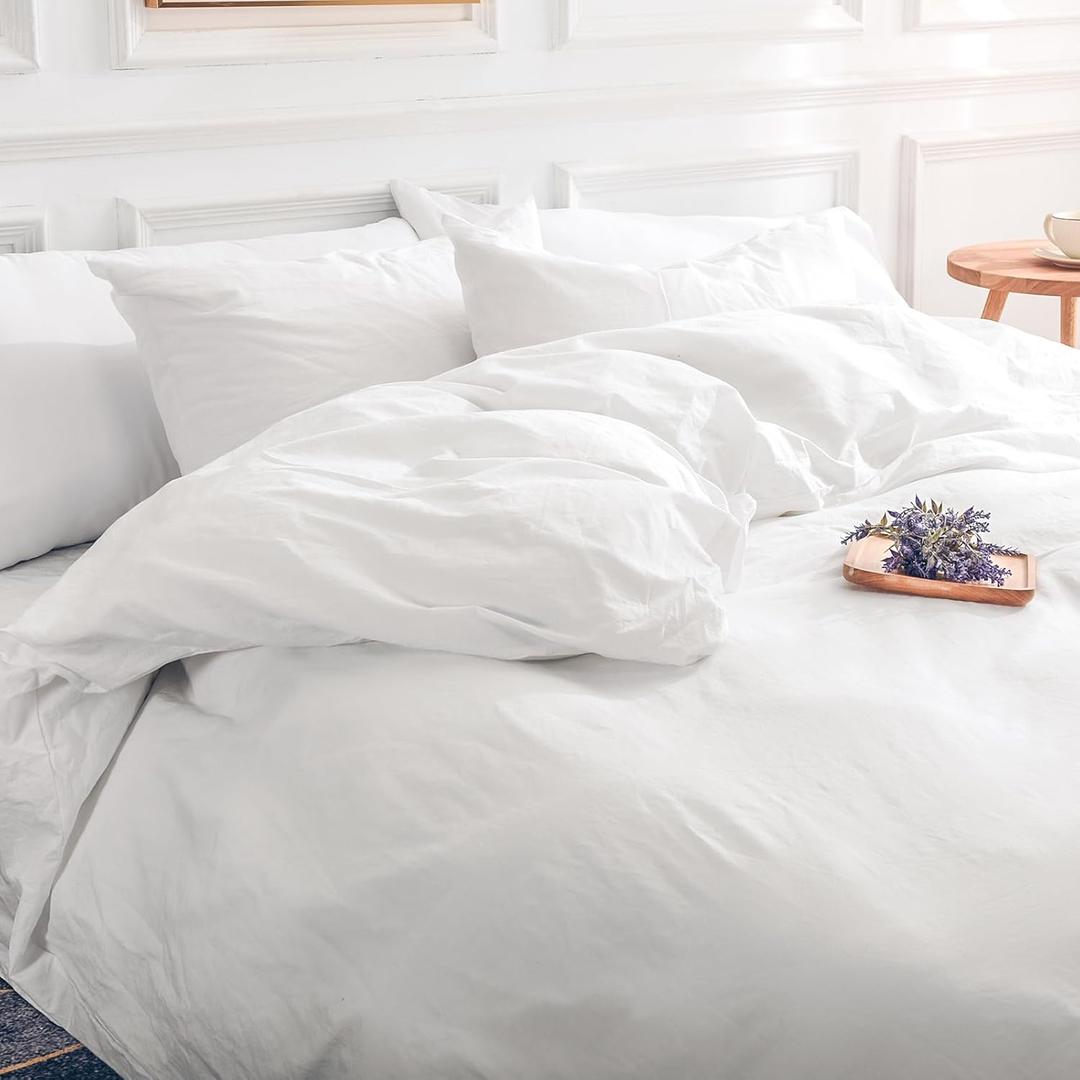 NEXHOME PRO Cotton Duvet Cover Set King Size Linen Feel White Organic Natural 100% Washed Cotton Duvet Cover Set 3 Pieces Bedding Set with Zipper Closure, Lightweight and Breathable (No Comforter) (King (104"x90"))