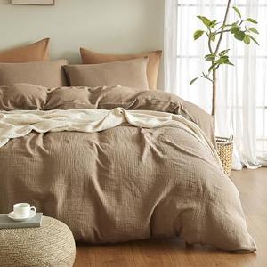 SE SOFTEXLY Muslin Duvet Cover King Size, 100% Washed Cotton Duvet Cover Set, Ultra Soft Comforter Cover Linen Like, 3 Pieces Minimalist Gauze Duvet Cover with 2 Pillowcases, 90"x104", Light Brown