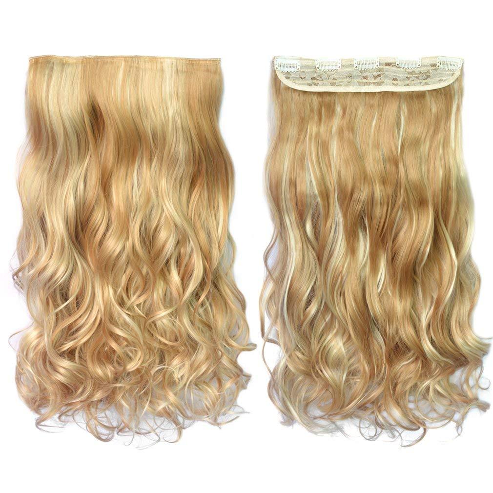 REECHO 20" 1-Pack 3/4 Full Head Curly Wave Clips in on Synthetic Hair Extensions HE008 Hairpieces for Women 5 Clips 4.5 Oz per Piece - Medium Blonde With Highlights