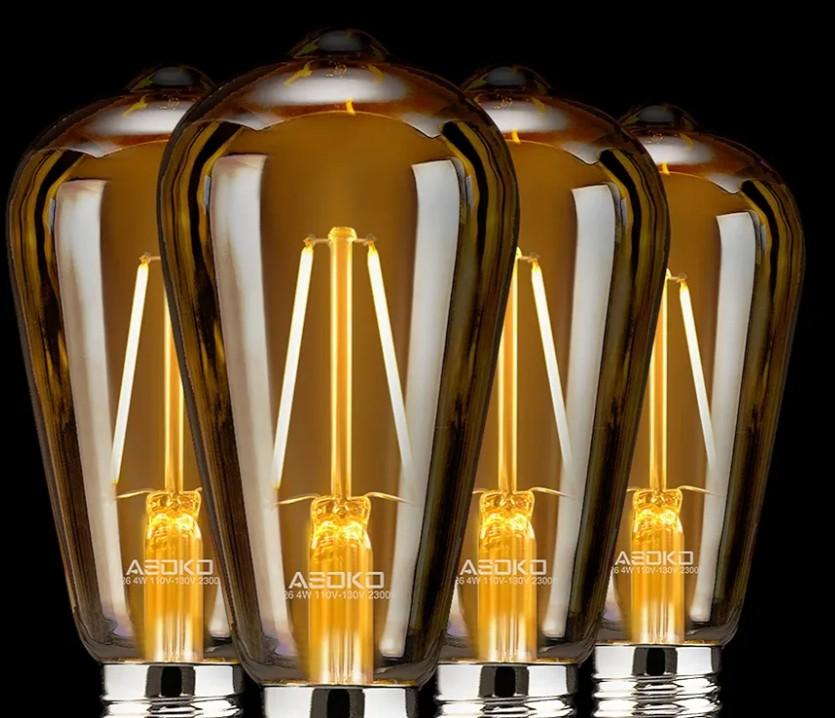 ASOKO 4-Pack Dimmable Edison Light Bulbs, 40W Equivalent Vintage Bulbs, 2200K-2400K Warm White (Amber Glass), ST64, E26 Base (4W-4 Pack) (Amber)