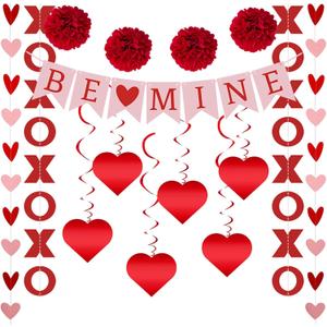 21 Pcs Valentines Day Decorations Set - Be Mine Banner, Hanging Ornaments, Paper Pom - Poms, Heart Garland Banner for for Valentine's Day, Weddings, Engagement Party