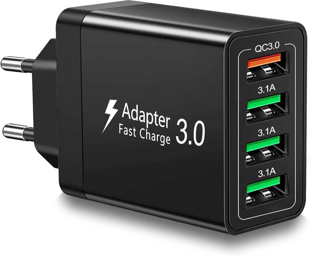 European USB Charger, European Travel Plug Adapter 40W 4 Port Europe USB Charger Quick Charge 3.0 EU Plug Adapter for iPhone 17 16 15 14 13 12 11 Plus Pro Max X 8, Galaxy, LG, Pixel, Android (Black)