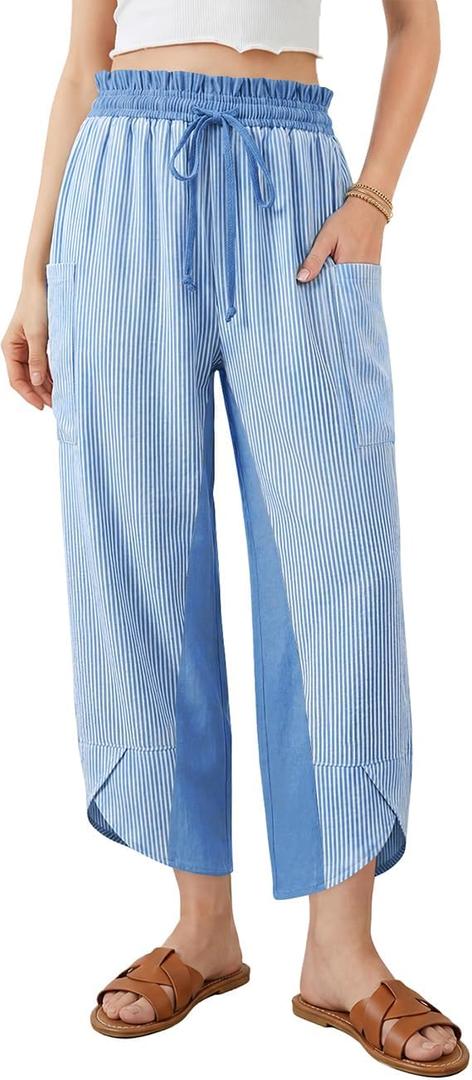 TARSE Womens Linen Palazzo Pants Striped Wide Leg Casual Capri Pant Drawstring Summer Harem Pants with Pockets (L)