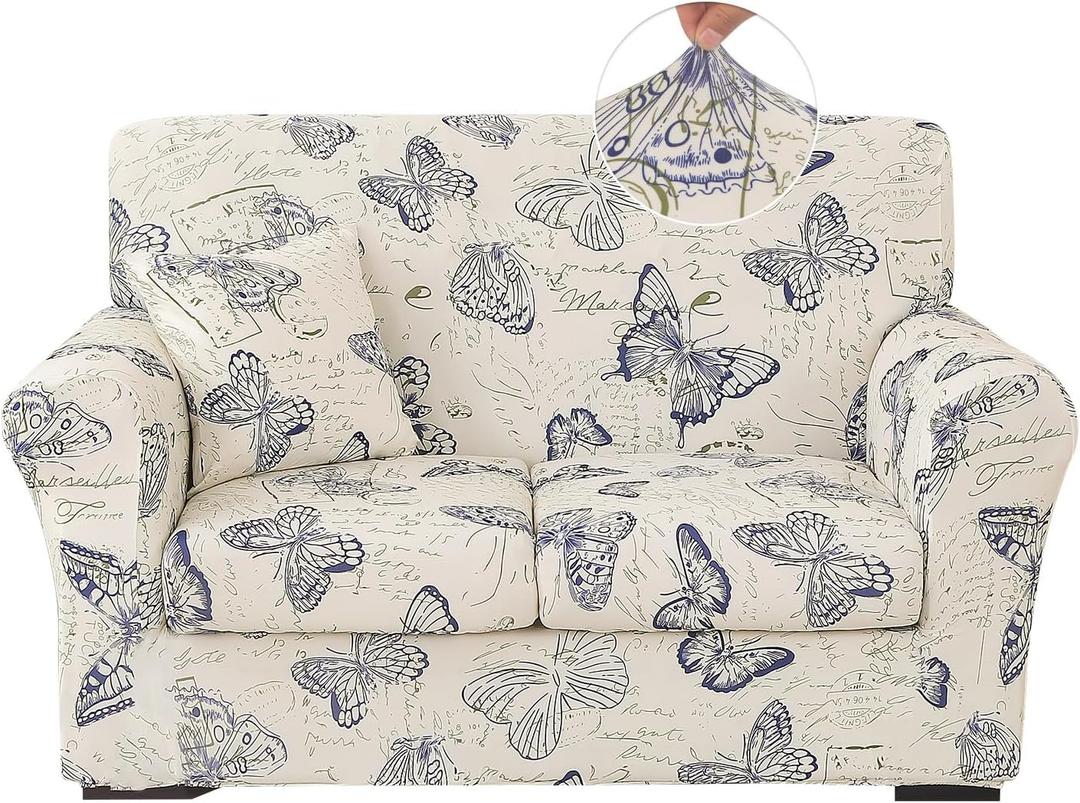 Stretch Printed Sofa Cover Couch Covers, 4-Piece Loveseat Slipcovers with 2 Separate Cushion Cover & 1 Pillow Case, Washable Spandex Furniture Protector for Living Room (Loveseat, Butterfly)