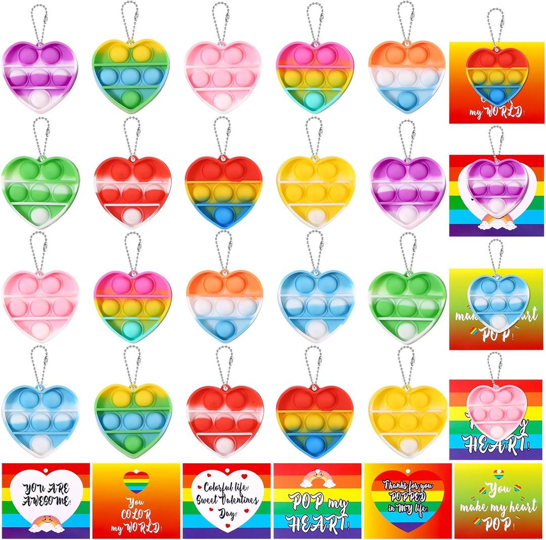 28PCS Pack Kids Valentines Day Cards with Mini Pop Fidget Keychain Valentines Day Gifts for Kids School Classroom, Valentines for Kid Class Valentines Exchange Cards