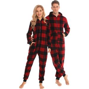 SWOMOG Couples One Piece Pajamas Sets Christmas Men & Women Fleece Winter Loungewear Zip-Up Jumpsuit with Pockets Pjs (Medium, Black and Red Plaid)