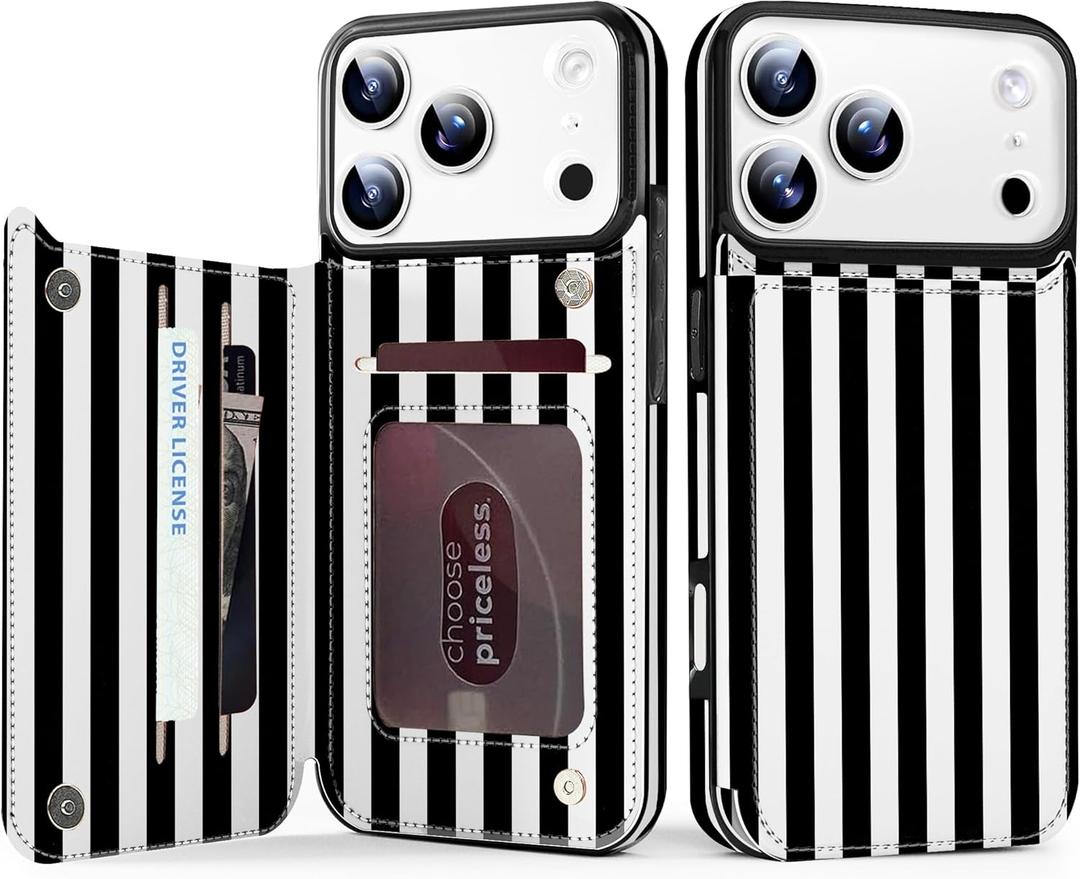 TopPerfekt for iPhone 17 Pro Wallet Case with Card Holder, Military-Grade Drop Protection, Flip PU Leather Built, Double Magnetic Clasp Durable Shockproof for iP17 Pro 6.3Inch Cover-Stripes BlackWhite