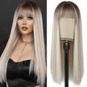 7JHH WIGS 26inch Long Straight Wig with Bangs Platinum Blonde Wig Heat Resistant Ombre Blonde Synthetic Wig with Dark Roots Make Natural Looking Wigs for Women Party Cospaly Wig and Daily Used