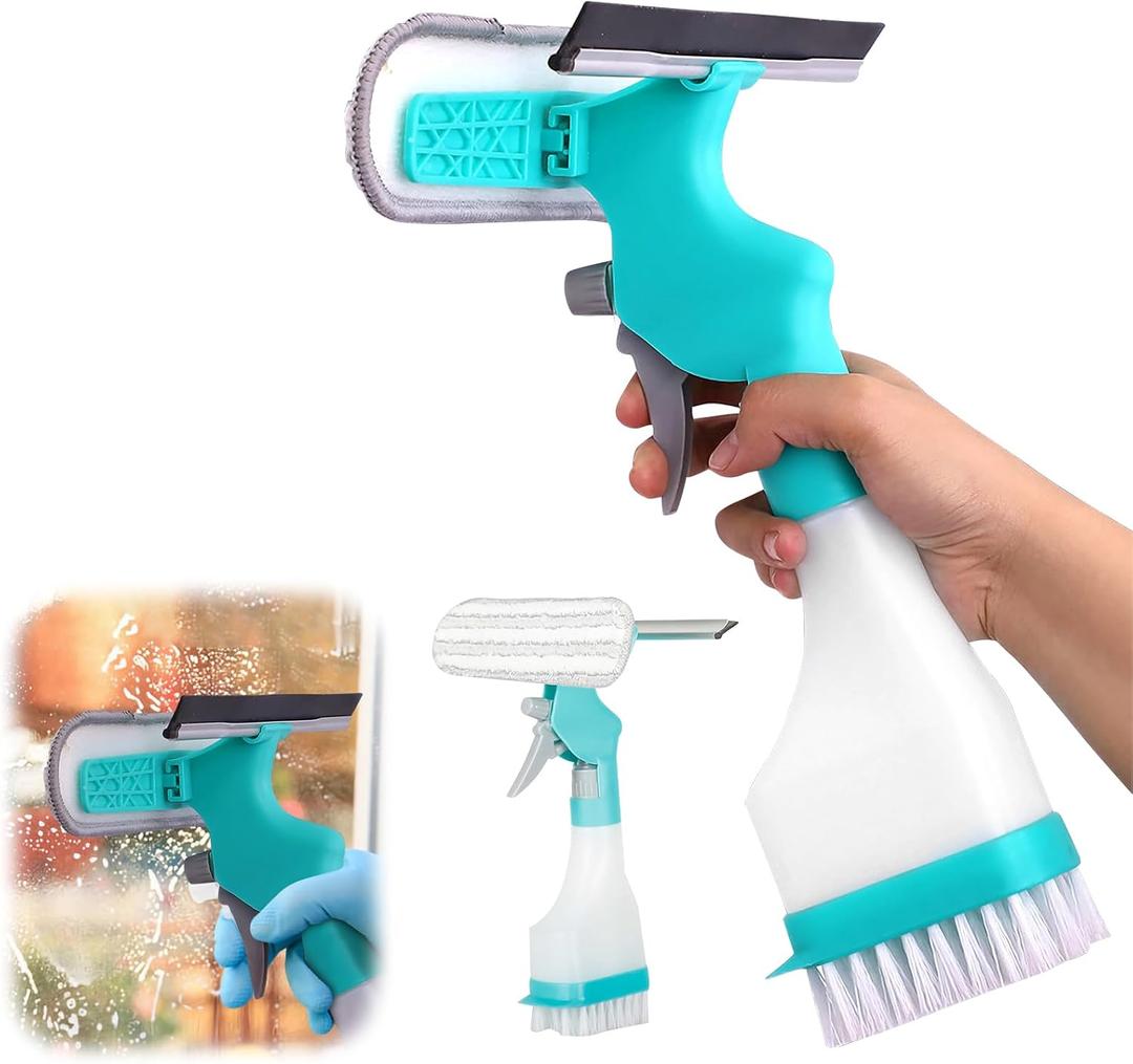 4 in 1 Window Cleaner Tool with Squeegee & Sprayer, 10" Streak-Free Scraper Kit, Portable Multifunction Refillable Bottle for Glass/Shower/Car (Blue)