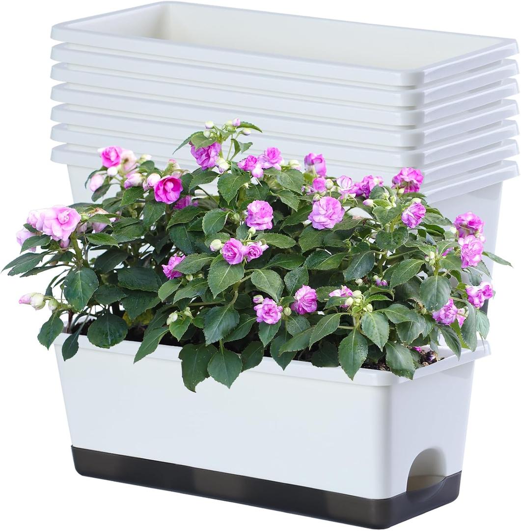 Window Box Planter 8 Pcs, 17 Inches Rectangle Flower Pots with Drainage Holes and Trays, Vegetable Planters for Windowsill Patio Garden Balcony Home Porch Yard Indoor Outdoor (White)