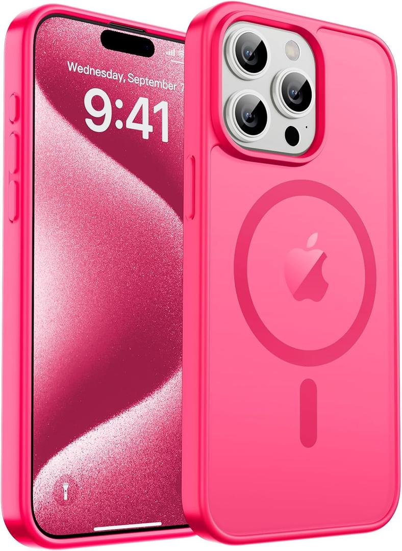 zapica Magnetic for iPhone 15 Pro Case, [Compatible with MagSafe] [Military Grade Drop Protection] Translucent Matte Shockproof Anti-Scratch Phone Cover, Hot Pink