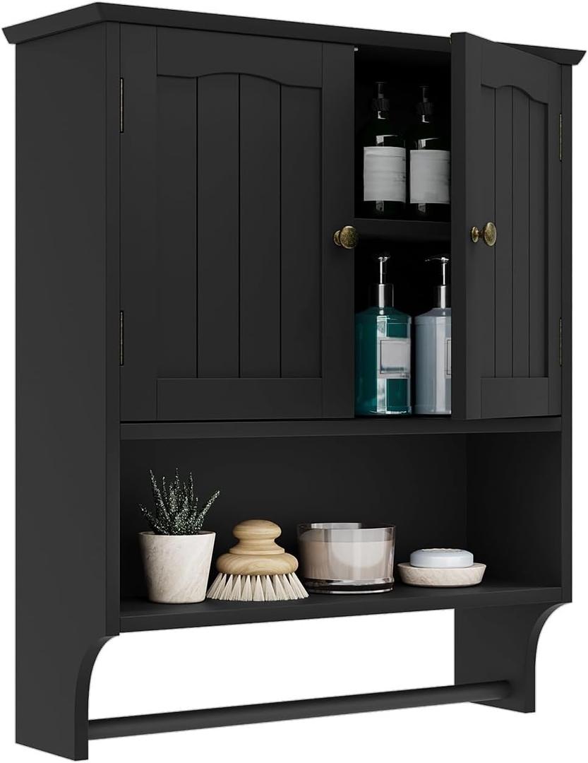 Smuxee Black Bathroom Cabinet Wall Mounted with Towels Bar, Medicine Cabinet with 2 Door Adjustable Shelves, Over Toilet Cabinet for Bathroom Laundry Room Kitchen, Big