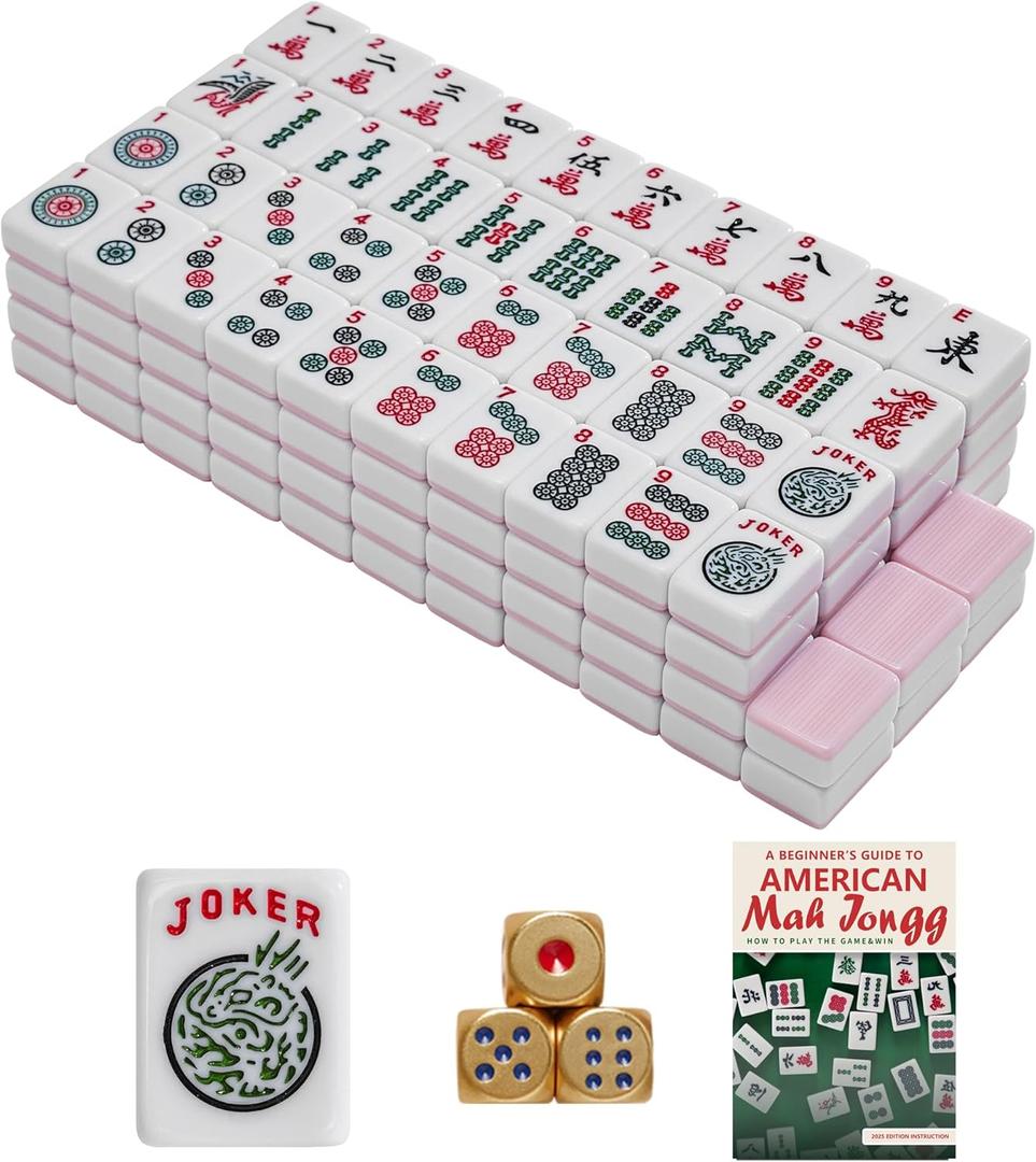 American Mahjong Tile Only, Mah Jong Set Complete with Golden Dices, 166 Blue Tiles for Travel (Tiles Pink)