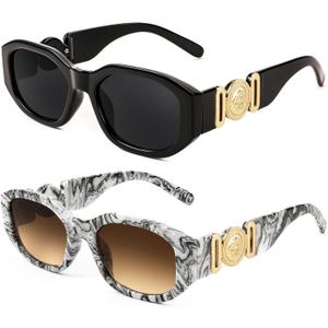 FEISEDY Retro Trendy Rectangle Sunglasses Women Men Vintage 90s Small Narrow Square Sunglasses B2322 (2 Pack Black+grandient Tea)
