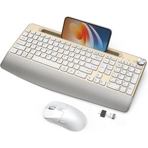 Ergonomic Wireless Keyboard and Mouse with Wrist RestPhone Holder - 2.4GHz Full-Sized Low-Profile Quiet Gold Wireless Mouse and Keyboard Combo for Computer, Laptop, PC, Mac-Gold